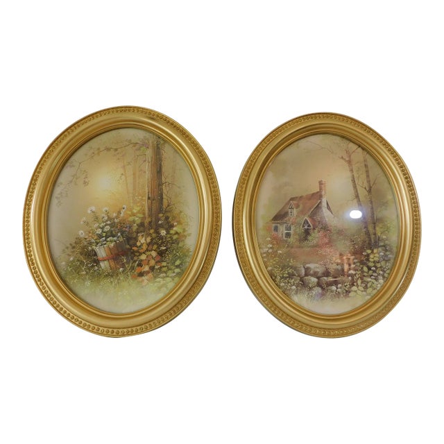 Large Pair Vintage 1970s Oval Gold Roses Syroco Floral Cabin Glass Hanging Pictures Framed Wall Decor For Sale
