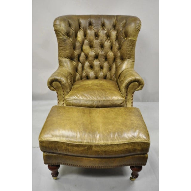 Lillian August Brown/Green Leather Tufted Chesterfield Club Lounge Chair and Ottoman. Item features a large oversized...