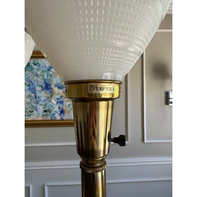 Edwin Cole Pair of Stiffel Mid-Century Turquoise Jade Lamps W/ Antique Brass Hardware & Milk Glass Shades, Designed by Edwin Cole, Provenance the Broadmoor Hotel For Sale - Image 4 of 7