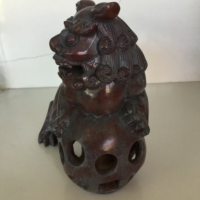 Asian Vintage Hand Carved Foo Dogs - Set of 2 For Sale - Image 3 of 11