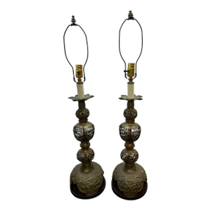 Pair of Asian Brass Reticulated Lotus Table Lamps