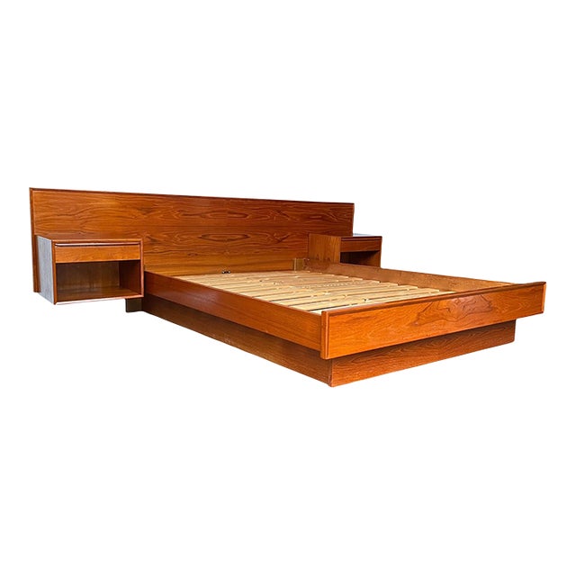 Westnofa Mid Century Teak Queen Platform Bed With Floating Nightstands