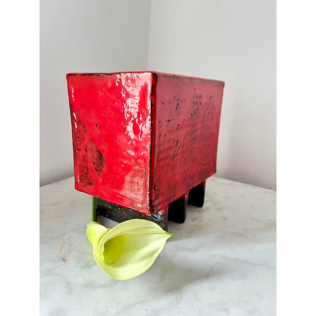 1970s Asian Style Red Ceramic Flower Vase with Floral Insert Holes, 1970s For Sale - Image 5 of 11