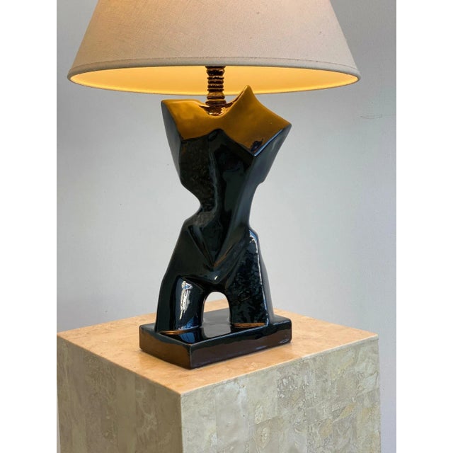 Heifetz Vintage Black Glazed Ceramic Abstracted Cubist Bust Lamp Attributed to Yasha Heifetz, Circa 1950s For Sale - Image 4 of 11