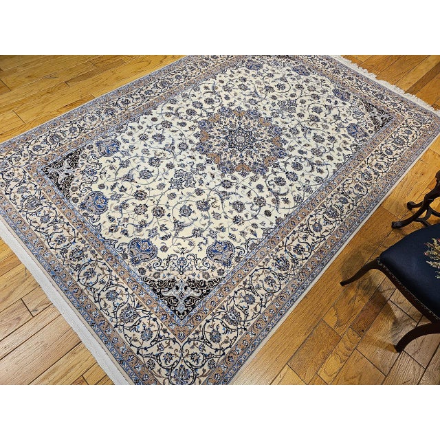 Vintage Exceptionally Fine Persian Nain Habibian Area Rug, Hand-Knotted Wool & Silk, Floral Pattern, 7x10, Ivory & Blue For Sale - Image 16 of 16