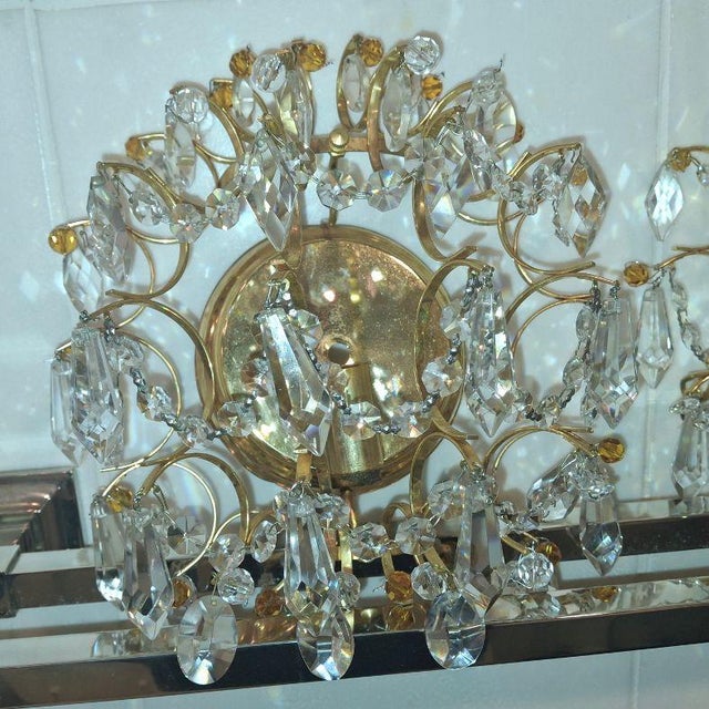 Palwa Luxe 1950's Hollywood Regency 24k Plate Frame Austrian Crystal 1/2 Orb Wall Sconces Attributed to Palwa a - Pair For Sale - Image 4 of 17