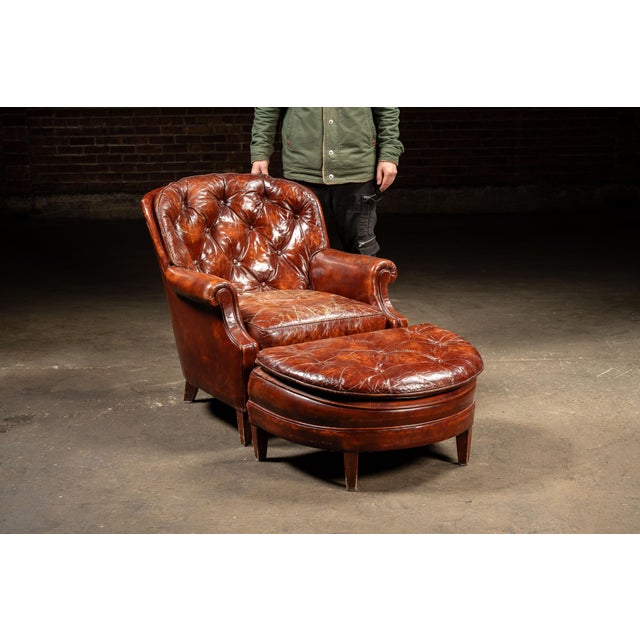 c. 1970s/1980s; Hickory Chair Furniture Co. - Hickory, NC Vintage brown leather chair and ottoman pair. This lived-in set...
