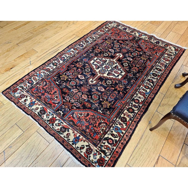 French Country Vintage Persian Bakhtiari Area Rug, Handwoven Floral Pattern, Navy & Ivory, 5’ X 7’ For Sale - Image 3 of 12