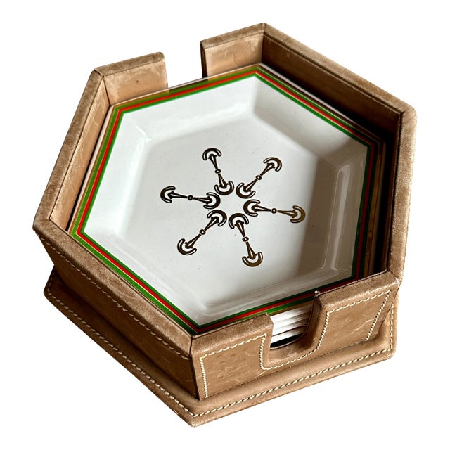 Vintage 1970s Gucci Horsebit Porcelain Hexagon 4 Appetizer Coaster Plate Set in Leather Case For Sale