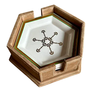 Vintage 1970s Gucci Horsebit Porcelain Hexagon 4 Appetizer Coaster Plate Set in Leather Case