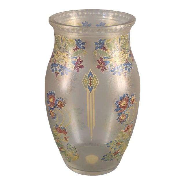 Early 20th Century Art Deco Hand Painted Enamel Lucky Lotus Flowers Venetian Glass Vase, Made in Italy For Sale