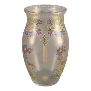 Early 20th Century Art Deco Hand Painted Enamel Lucky Lotus Flowers Venetian Glass Vase, Made in Italy