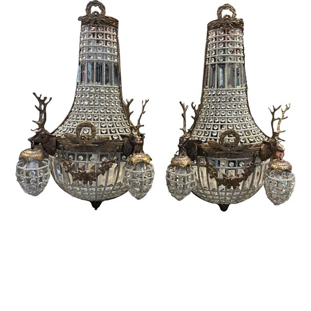 1990s Rustic Deer Head Bronze Sconces - a Pair For Sale
