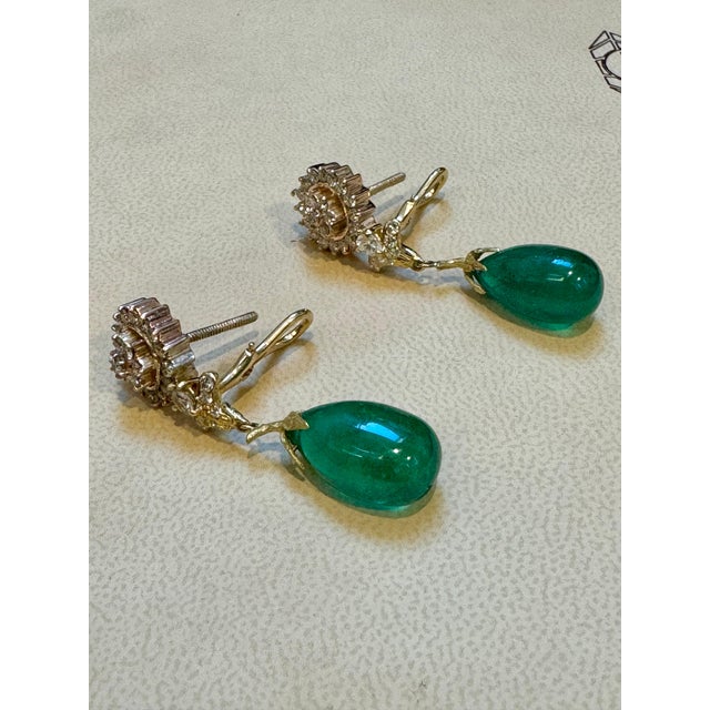 GIA Certified 28 Ct Emerald Cabochon & Diamond Drops Hanging Earrings 14 KYG For Sale - Image 10 of 18
