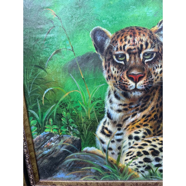 Vintage Oil on Canvas Leopard in Tropical Landscape, Ornate Gilt Frame For Sale In Greenville, SC - Image 6 of 7