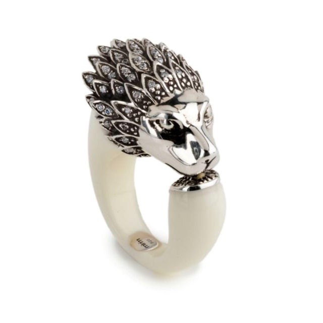 Miriam Salat Lion Head Art Deco Sterling Silver Black Resin & White Topaz Ring For Sale - Image 11 of 18