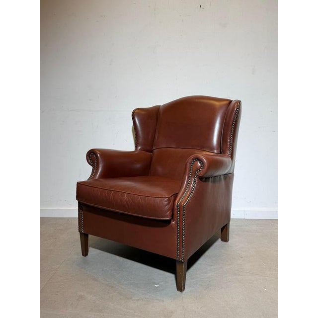 Vintage Tobacco Brown Leather Wingchair For Sale - Image 4 of 7