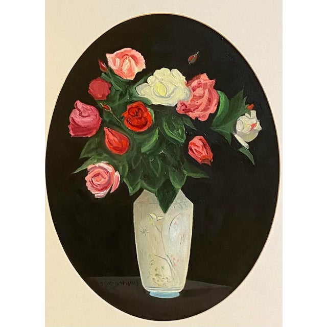 Oil painting on canvas of a still life of roses in a tall vase decorated with flower and butterfly motif by Satori...