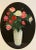 Oil painting on canvas of a still life of roses in a tall vase decorated with flower and butterfly motif by Satori...