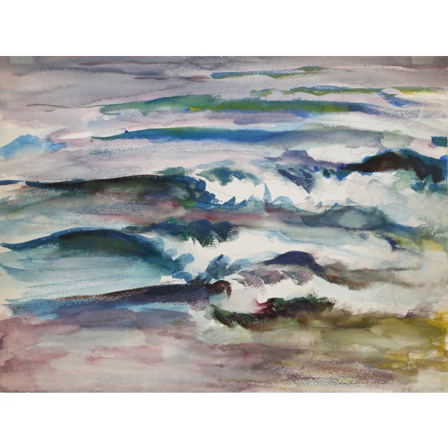 Looking out over large waves breaking along the shore, Eve Nethercott's rendering of white caps as they crash over one...