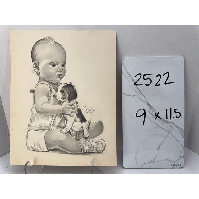1940s Original Signed Graphite Illustration of Child Holding Puppy, 11.5 × 9 In. For Sale In Atlanta - Image 6 of 6