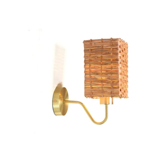 Rectangular Cane Rattan & Brass Wall Sconce For Sale - Image 9 of 10
