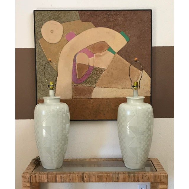 Pair of Casual Lamps of California 1988 Etched Post Modern Ceramic Lamps For Sale - Image 9 of 12