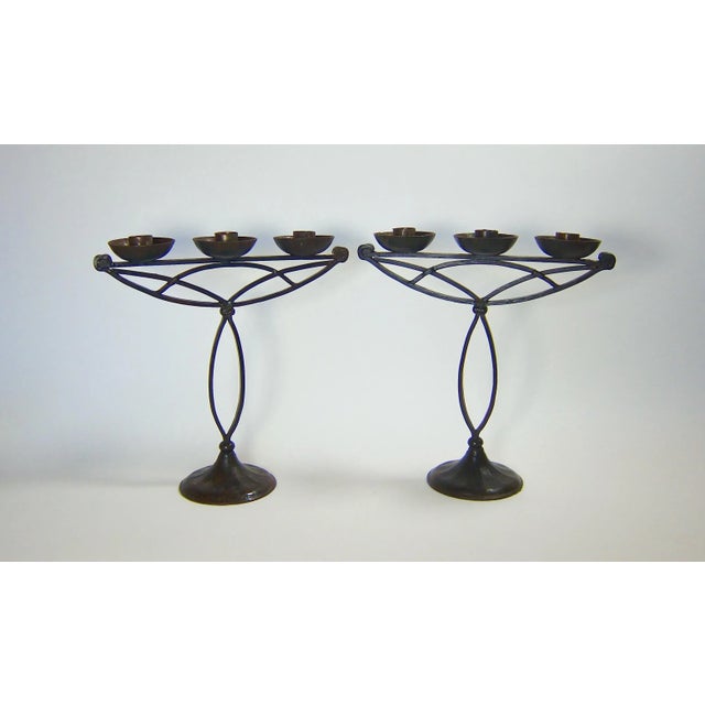 German Hugo Berger Goberg Attr. Arts & Crafts Black Iron Candelabra Pair For Sale - Image 11 of 11