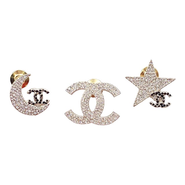 Chanel Rare Gold CC Moon Star Black Crystal 3 Pins - 3 Pieces For Sale