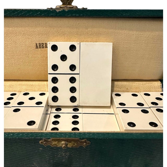 Mid-Century Modern Vintage Abercrombie & Fitch Faux Ivory Domino Set in Green Case With Brass Clasp, Circa 1930 For Sale - Image 3 of 5