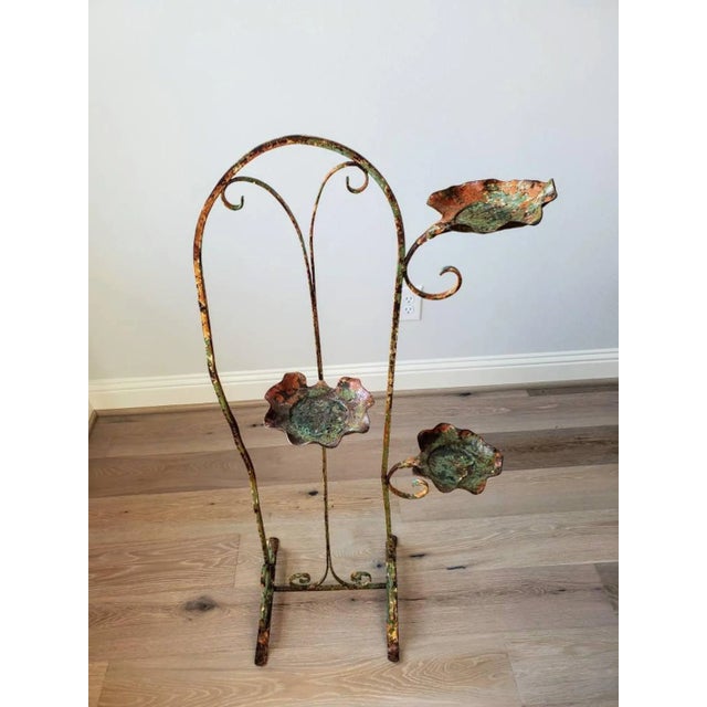 French Art Nouveau Period Antique Weathered Chippy Paint Wrought Iron Standing Tiered Candle Holder Floor Display Plant Stand Sculpture For Sale - Image 11 of 11