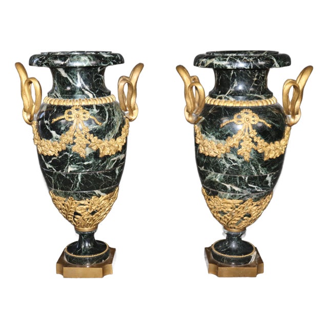 Dore' Bronze Mounted French Empire Verdi Marble Cassolettes With Serpents For Sale