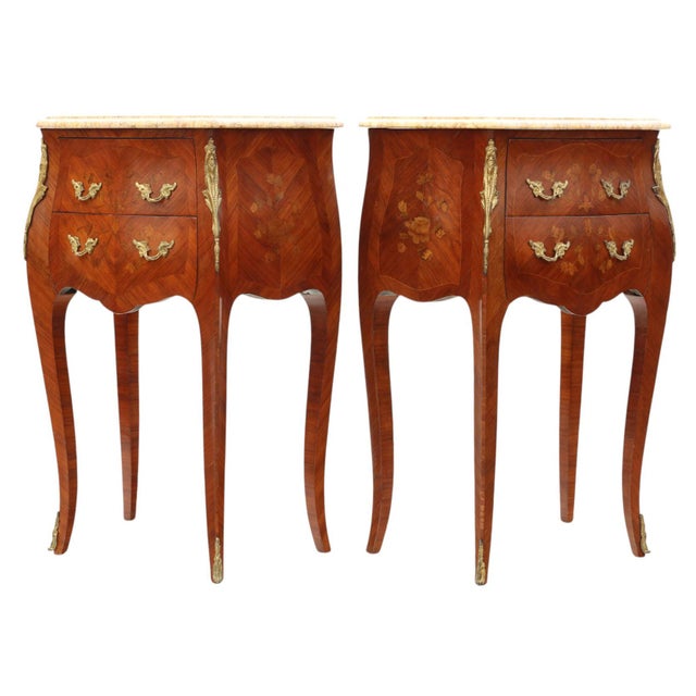 1920s Vintage Marquetry Bedside Tables with Marble Tops, 1920s, Set of 2 For Sale - Image 5 of 8
