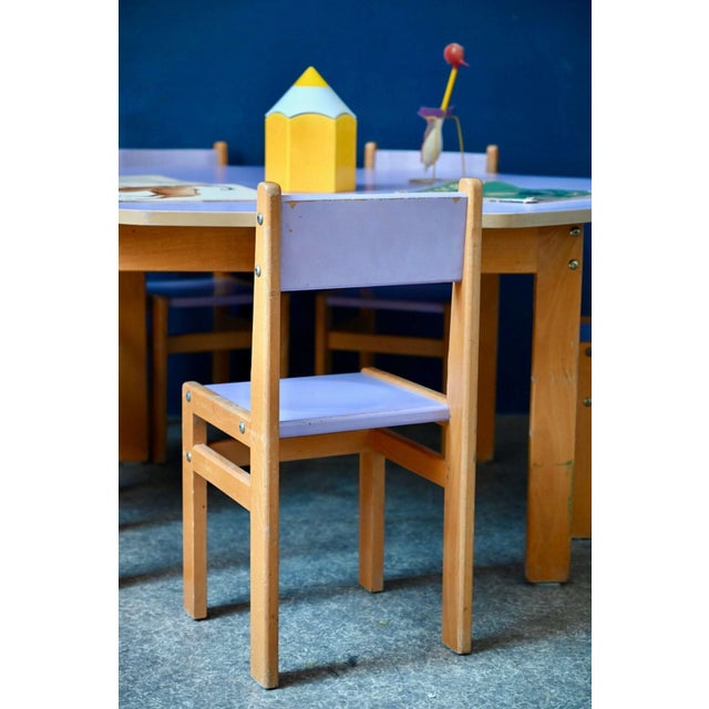 Vintage Octagonal Children's Table & Chairs in Beech and Lilac Formica, 1970s, Set of 6 For Sale - Image 3 of 18