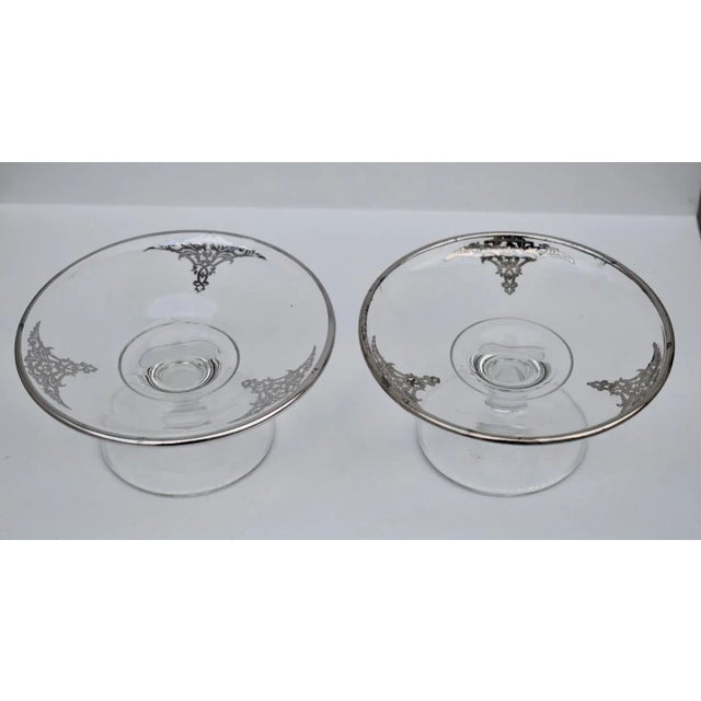 Vintage Pair of Art Deco Style Glass Pedestal Bowls W/SIlver Overlay For Sale - Image 4 of 13