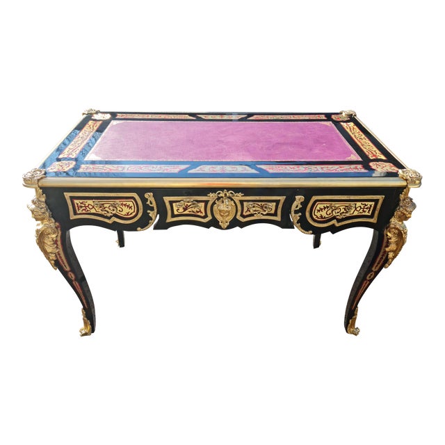 Boulle Style Writing Desk/ Table Bureau Plat French Style Marquetry Inlay With Burgundy Faux Leather on the Top For Sale