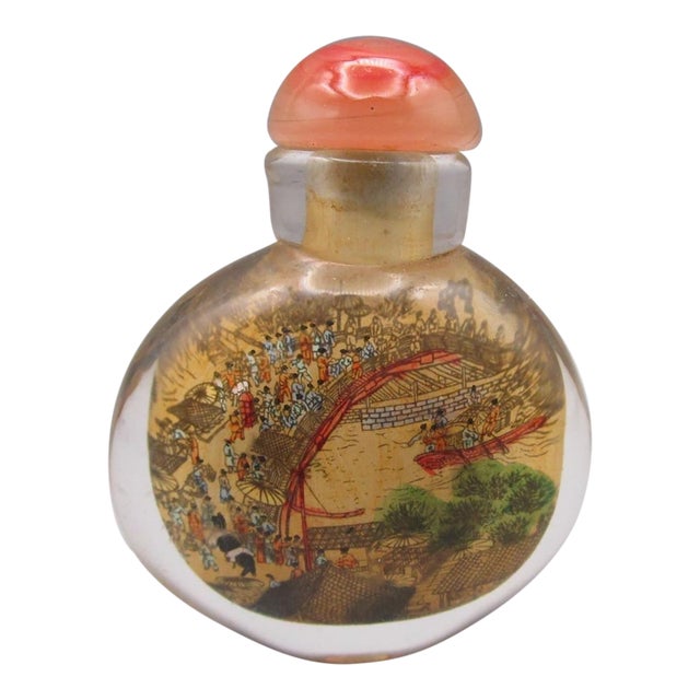 Vintage Eglomise Reverse Hand Painted Glass Snuff Bottle Along the River During the Qingming Festival Qingming Shanghe Tu For Sale