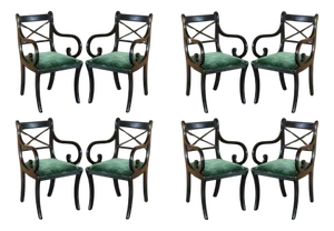 Vintage English Regency Green Velvet Dining Chairs, Set of 8