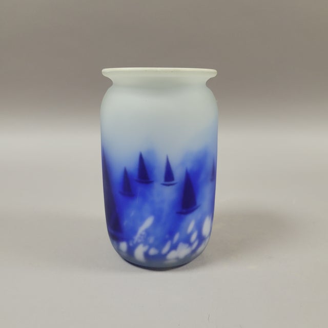 Vintage Hadeland Art Glass Vase With Blue Sailboats, Signed For Sale - Image 4 of 8
