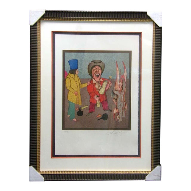 Mikail Chemiakin Happy Drinker Hand Signed Lithograph on Paper Framed For Sale