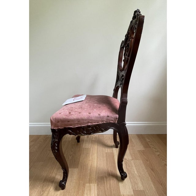 Burgundy Late 19th Century Victorian Mahogany Parlor Chairs – Carved Elegance With Tapestry Charm (Pair) For Sale - Image 8 of 17