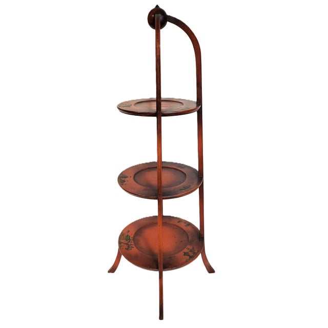 Antique English Asian Style Red & Chinoiserie Painted Muffin Stand Etegere Table For Sale In New York - Image 6 of 14