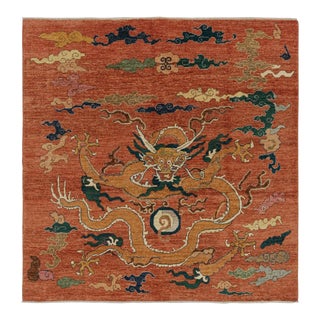 Rug & Kilim’s Classic Style Square Rug in Red With Gold Dragon Pictorial For Sale