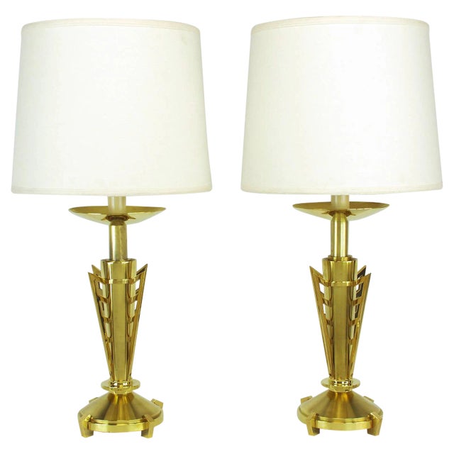 Custom Art Deco Inspired Brass Table Lamps - a Pair For Sale
