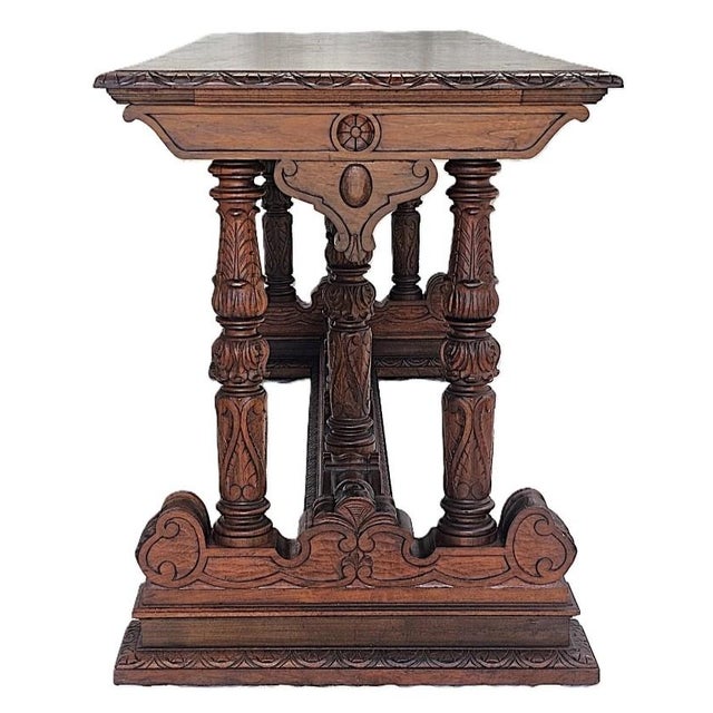 Antique 1920s Italian Renaissance Revival Console Library Sofa Table Solid Walnut For Sale - Image 4 of 15