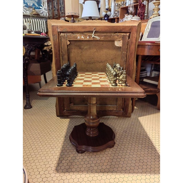 Rosewood Chess Table with Marble Top and Chess Set in Brass and Bronze, 1930s For Sale - Image 15 of 15