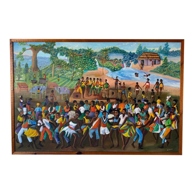 Large 1980s Vintage Haitian Folk Art Oil Painting by Edgar Brierre For Sale