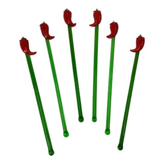 Vintage Red Chili Peppers Cocktail Stirrers Swizzle Sticks - Set of 6 For Sale