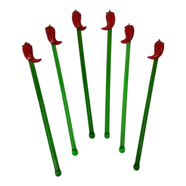 Vintage Red Chili Peppers Cocktail Stirrers Swizzle Sticks - Set of 6 For Sale