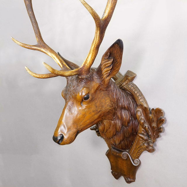 Large Naturalistic Black Forest Carved Stag Head, Ca. 1920s For Sale - Image 4 of 11